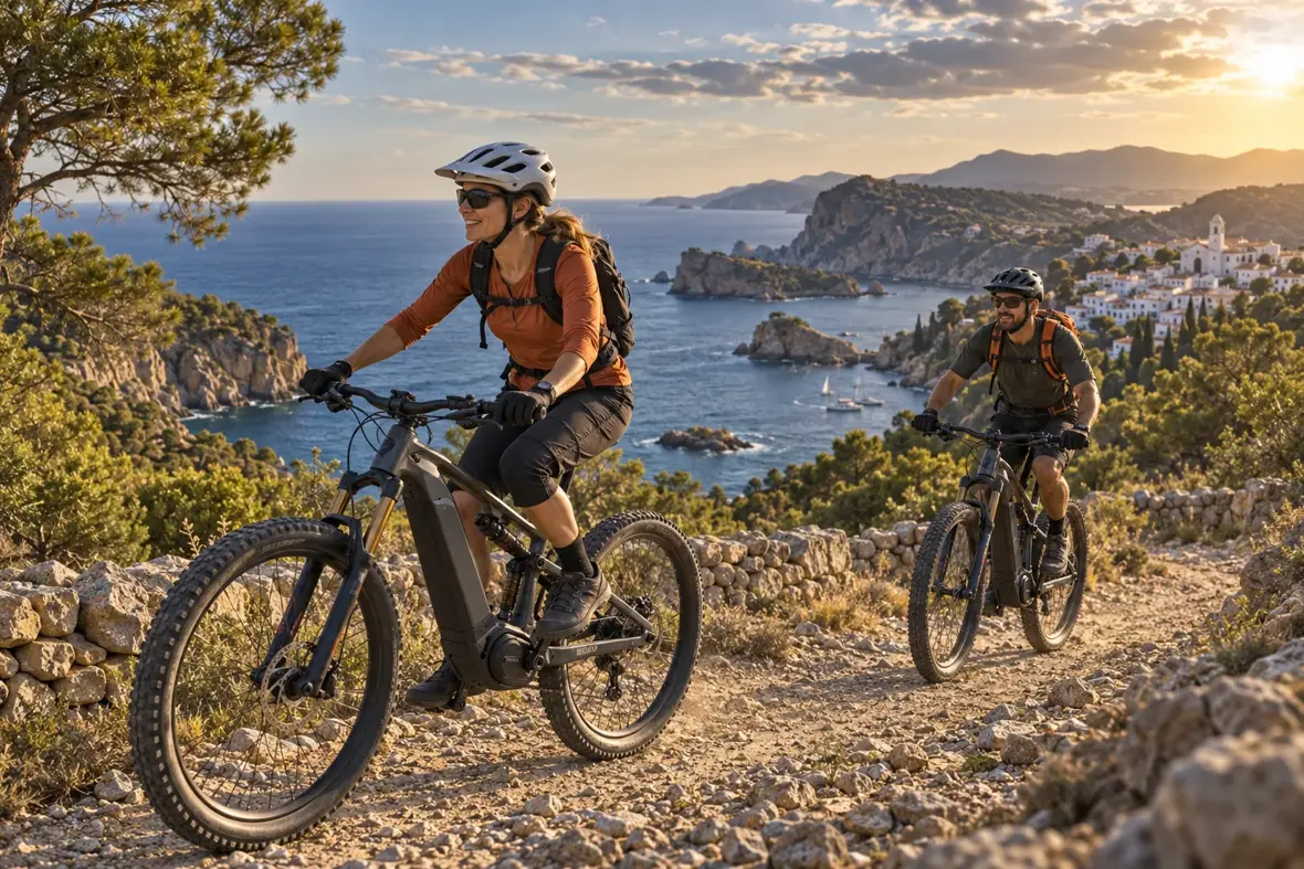 Illustratie van rijders die op eMTB’s een mediterrane kusttrail verkennen