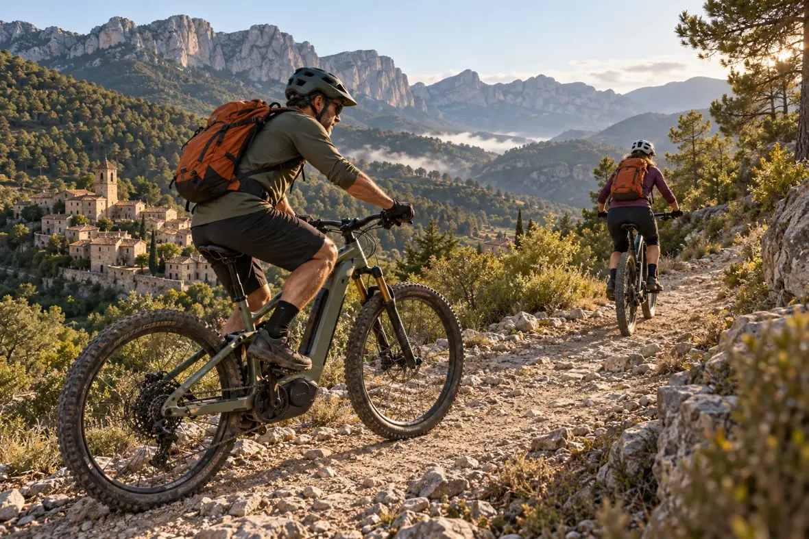 Illustratie van rijders met helm die op eMTB’s een Spaans bergpad boven een dorp met stenen huizen op fietsen