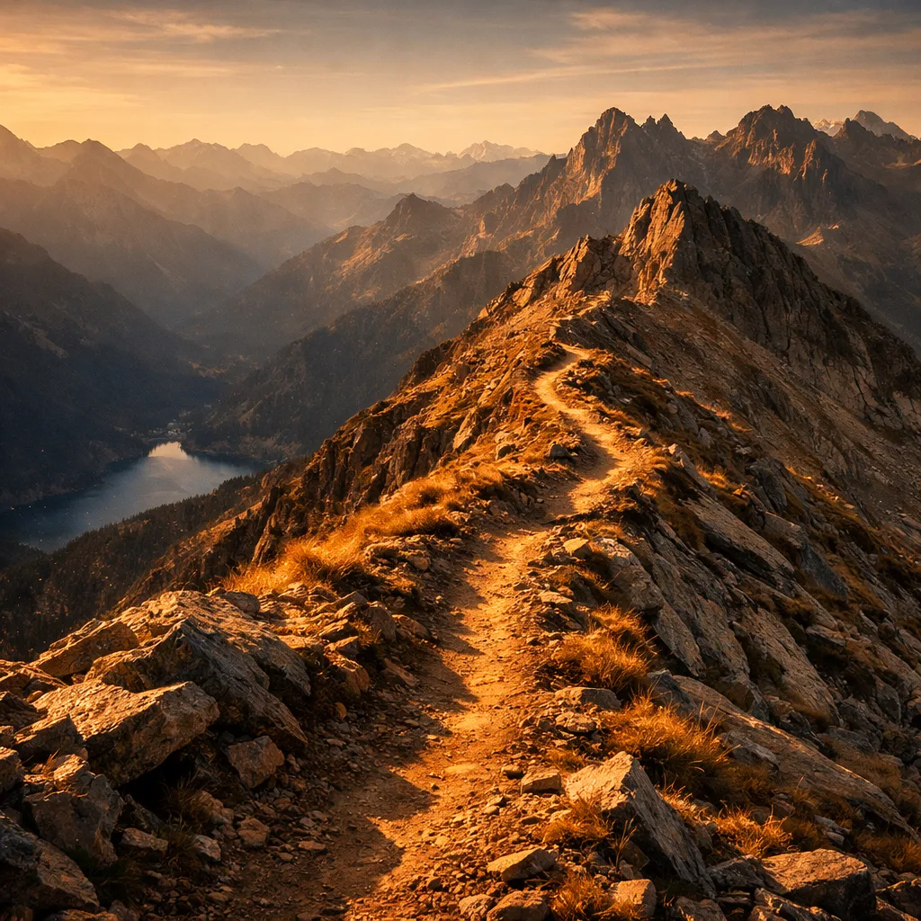Pyrenees ridgeline singletrack at golden hour