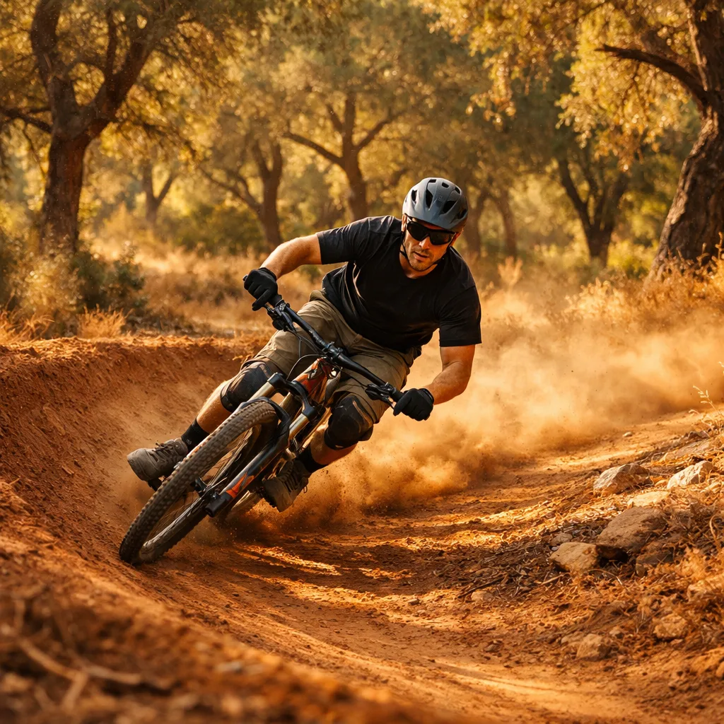 Mountain biker on a flowing singletrack berm in a Mediterranean pine forest
