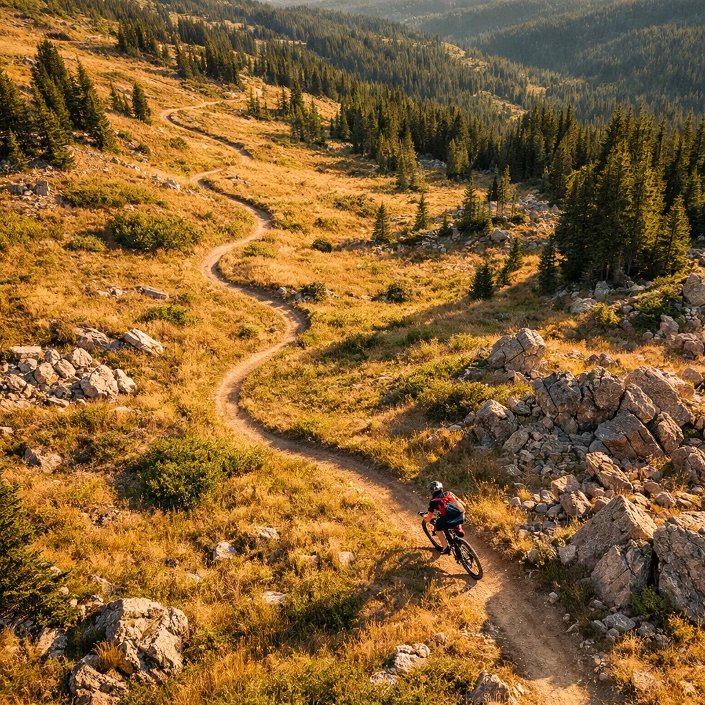 Aerial view of a mountain biker carving through wild open terrain
